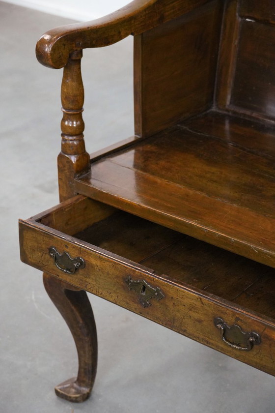 Image 1 of Antique English hooded lambing chair from the 18th century with a hood shape and a drawer