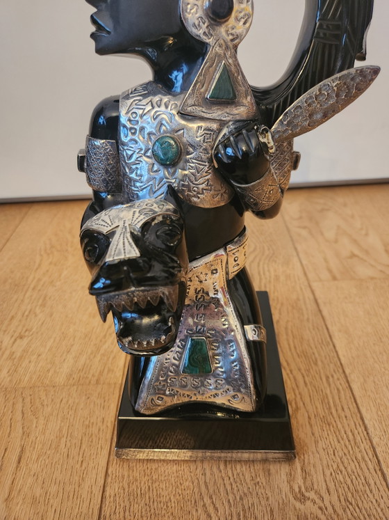 Image 1 of 2 large Mexican sculptures – Solid Obsidian & Alpaca/Silver with Turquoise inlay – 35 cm – Monumental weight: 8.8 kg!