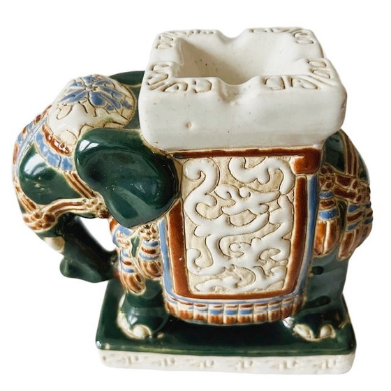Image 1 of Vintage Oosterse olifant keramiek groen plantenstandaard boho 1970's