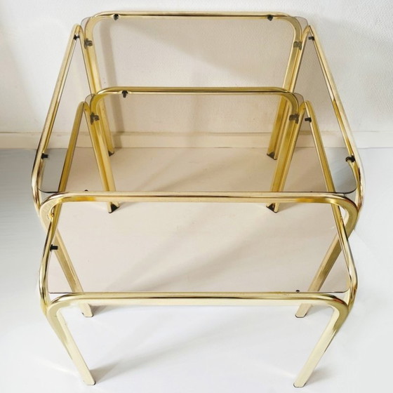 Image 1 of Vintage brass side tables set smoked glass Hollywood Regency