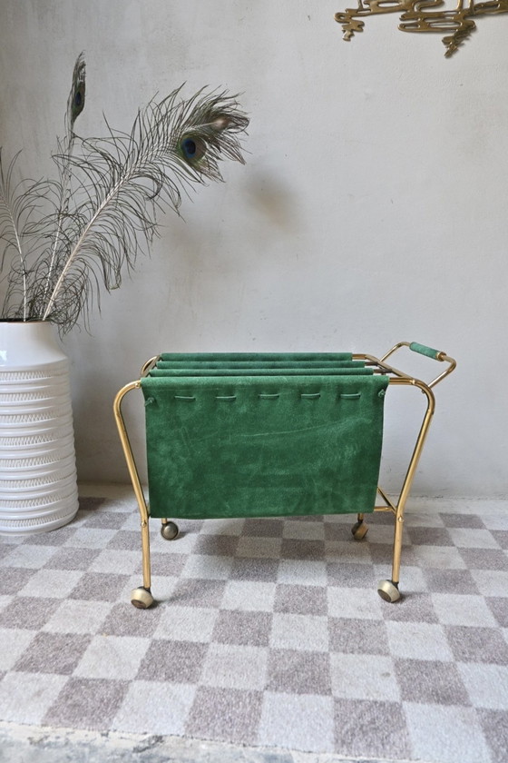 Image 1 of Brass Lectern on wheels, green suede upholstery