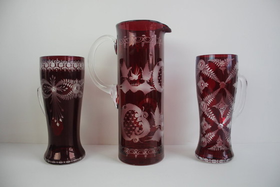 Image 1 of Antique Set of 36 pieces of Artistic cut Ruby red glass, Egermann, 1950's. 
