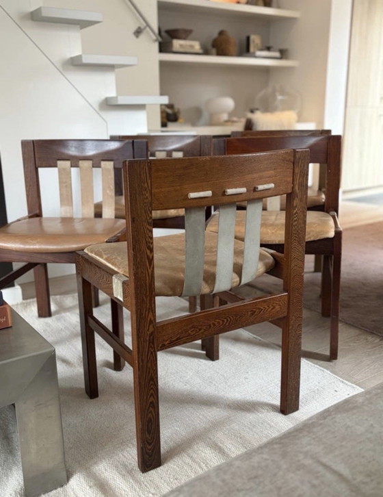 5x Vintage Harness Leather Chairs | Leather Seat | Wood, Dining chairs, Brown (photo 12 of 13)