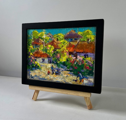 Original Oil Painting Summer Village Landscape Bloom and light between buildings