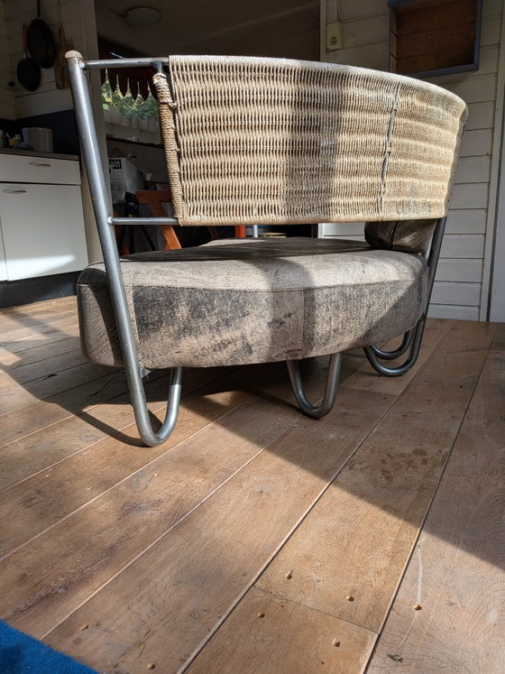Curved Loveseats with metal frame and woven backrest, Textile, Grey, Modern (photo 7 of 9)