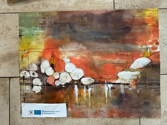 Image 1 of 10x landschappen, acryl op papier, niet ingelijst