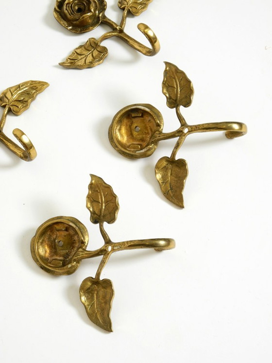 Image 1 of Set of five beautiful, solid mid-century brass rose wall coat hooks
