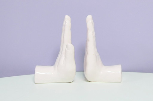 set x2 white porcelain bookend hands