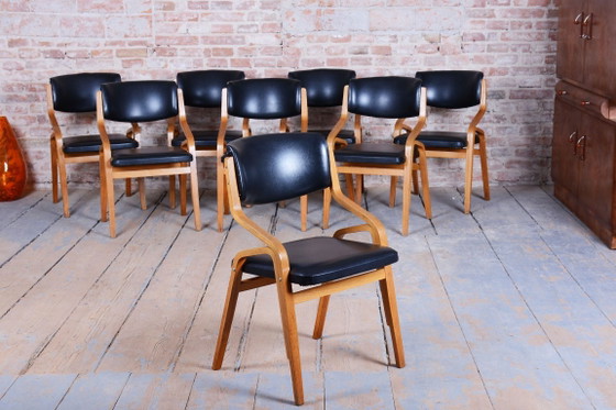 Set of Eight Restored Mid-Century Chairs, by Ludvik Volak, Maple, Czech, 1960s – Dining chairs, Wood, Skai (photo 10 of 20)