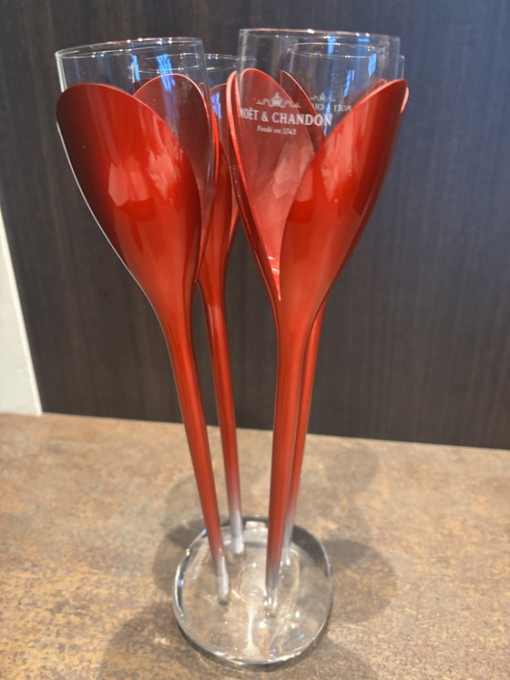 Image 1 of Moët and Chandon 4 red tulip flutes with original Moët Chandon glasses including holder