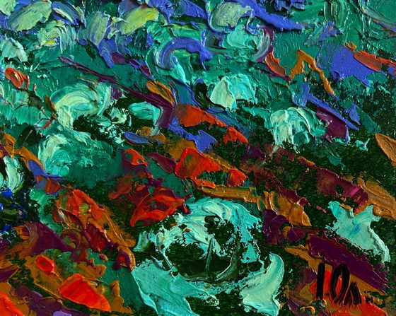 Image 1 of Original Oil Painting Sunset Village Landscape In the evening in the garden