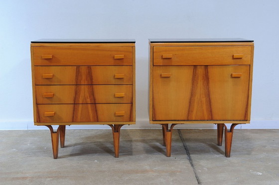 Image 1 of Mid Century Nightstands Ash Veneer & Black Glass František Mezulánik Nový Domov 1970s Czechoslovakia