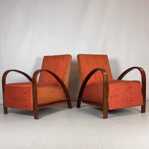Paar französische Art-Déco-Sessel mit rotem Originalstoff, 1930er Jahre
