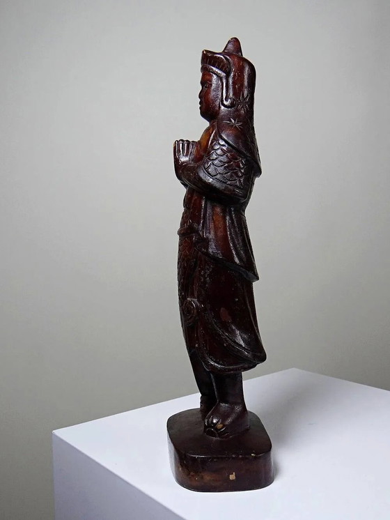 Asian folk art statuette in carved monoxyl wood, vintage 1930-1960, Sculpture, Brown (photo 10 of 13)