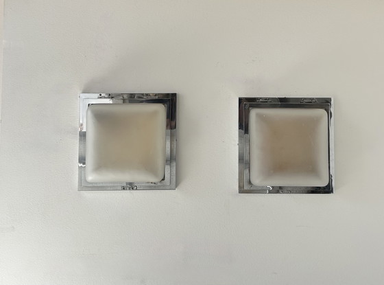 Image 1 of Coppia di appliques moderniste, cromo e vetro sabbiato, Francia 1930