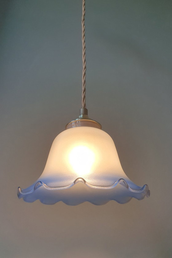 Image 1 of Vintage frosted glass pendant lamp in floral shape.
