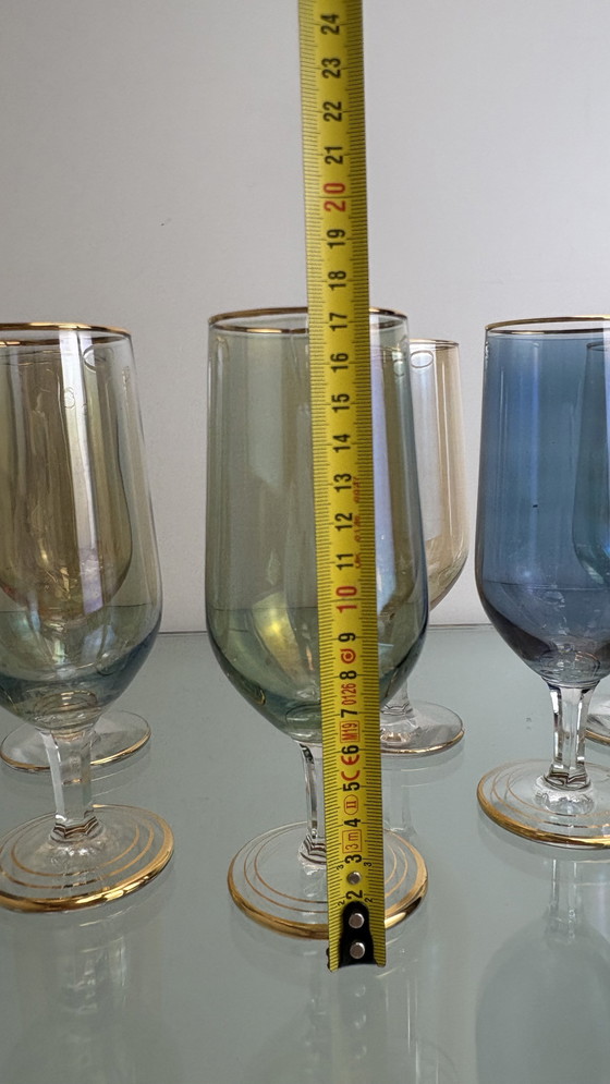 Image 1 of 8 x Vintage iridescent wine glasses or water glasses rainbow glass