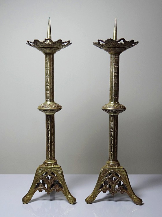 Image 1 of Large pair of antique gilt bronze candlesticks, 19th-century Gothic style