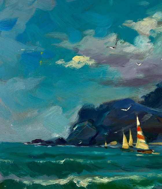 Image 1 of Original Oil Painting Summer Sea Landscape Seagulls over the waves