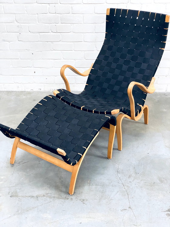 Image 1 of Bruno Mathsson | Set Of Vintage Lounge Chair With Ottoman | Pernilla Series | Black Canvas