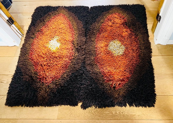 Image 1 of 2x vintage, original 1970s shag rugs, rugs in perfect condition, orange, yellow, brown