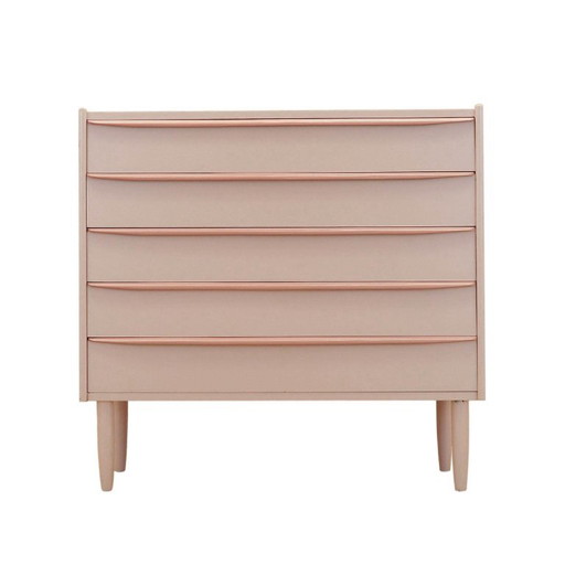 Dänische Kommode aus den 1970er Jahren in Rosa, vier Schubladen, Teakfurnier, massive Beine – ladekasten, Wood