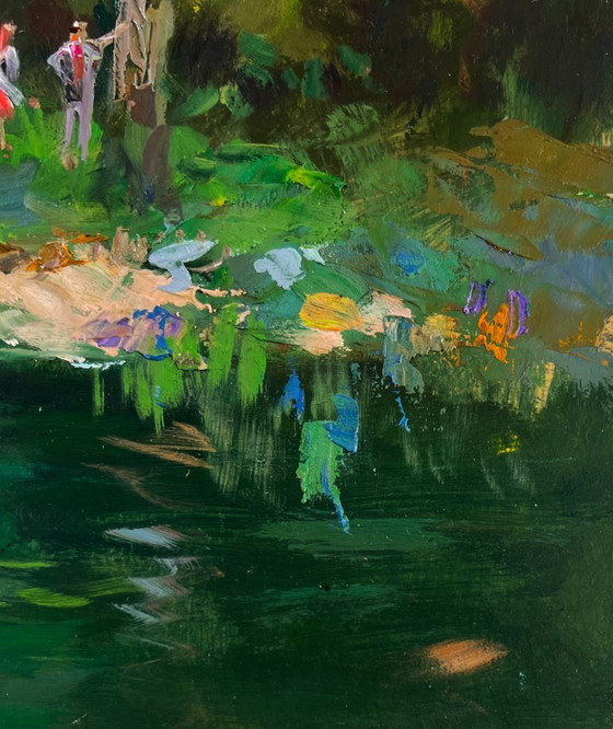 Image 1 of Original Oil Painting Summer Coastal Landscape Forest descending to the river banks