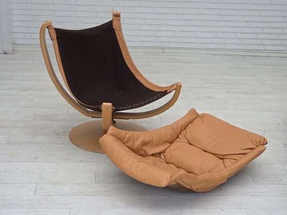 Image 1 of Scandinavische draaibare fauteuil uit de jaren 80, meubelleer, gebogen hout.