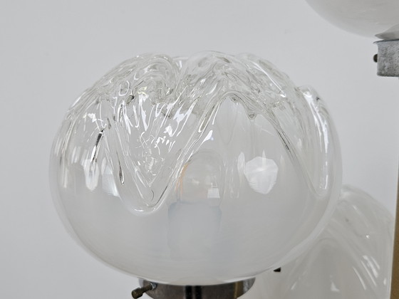 Image 1 of Lámpara de pie de cristal de Murano de mediados de siglo en madera y metal con tres puntos de luz, década de 1970