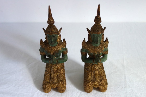 Image 1 of Couple de Statues Thephanom en Bronze Doré, Thaïlande, Années 40