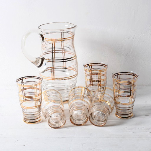 Unique Set of Mid-Century Italian Glass Pitcher & Six Glasses with Golden Details / Italy / 1950s – glazen karaffen, Crystal