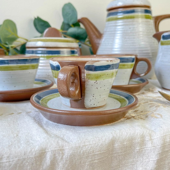 Servizio da caffè vintage in gres maculato grigio anni '50 con strisce verdi e blu - Tazze da caffè vintage (photo 10 of 14)