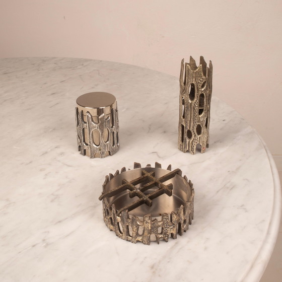 Set da tavola brutalista in bronzo argentato di Morbelli, Italia, anni '70 – Arte, Scrivanie (photo 13 of 18)