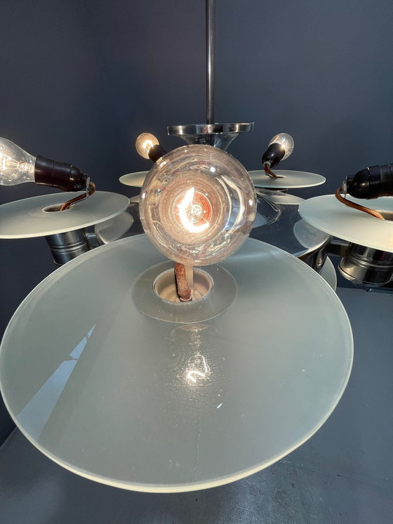 Image 1 of 1930s Art Deco Chrome Chandelier with Frosted Glass Disc Shades – Czech Vintage Lighting