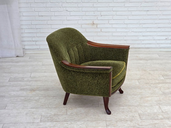 Image 1 of Anni '70, poltrona norvegese, tessuto d'arredamento verde, legno di teak.