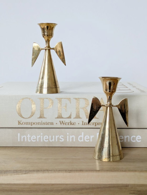 Image 1 of Coppia di portacandele vintage a forma di angelo in ottone, decorazioni natalizie in stile moderno di metà secolo