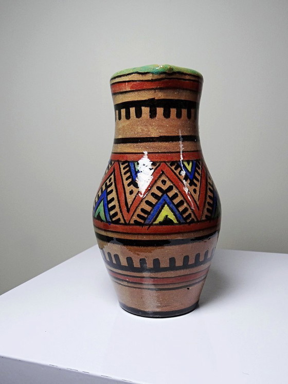 Image 1 of Small Moroccan glazed terracotta pitcher, signed, Berber decoration, 20th century