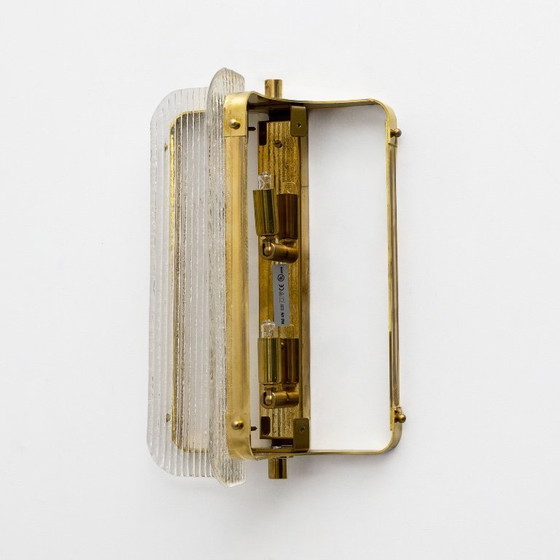 Image 1 of Pair of Curved Clear Ribbed Murano Glass and Brass Wall Sconces