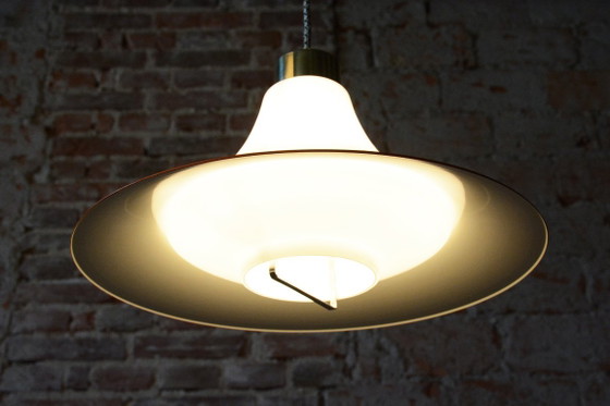 Restored Mid-Century Chandelier, Brass, Lacquered Steel, Czech, 1960s, Pendant lamps, Glass, Metal, Gold (photo 4 of 14)