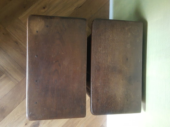 Unieke Set Handgemaakte Antieke Arts&Crafts Art-Nouveau Eikenhouten Kastjes Halkastjes Nachtkastjes, (photo 11 of 15)