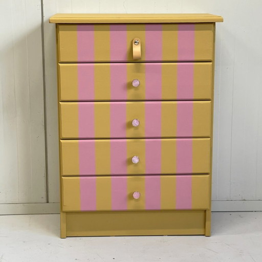 Restyle vintage chest of drawers trendy stripe pattern pink & ochre yellow