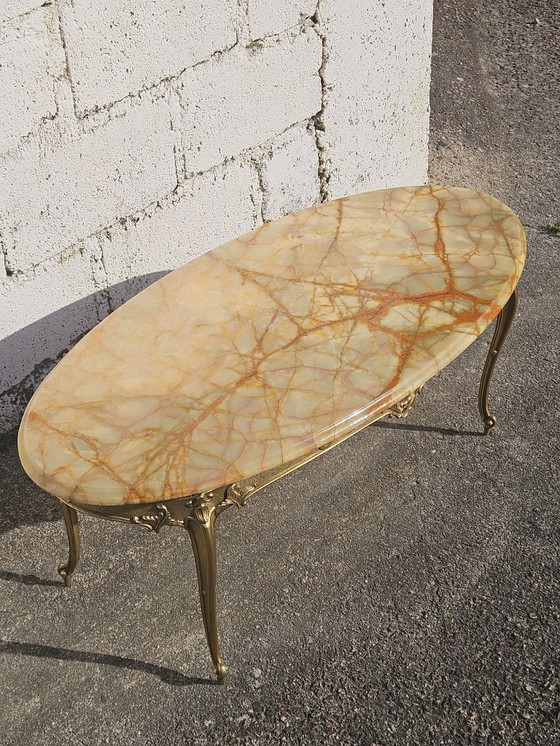 Image 1 of French Vintage oval Onyx Marble and Brass Coffee Table-Marble Cocktail Table-Lounge Table-Style Louis XV-60s