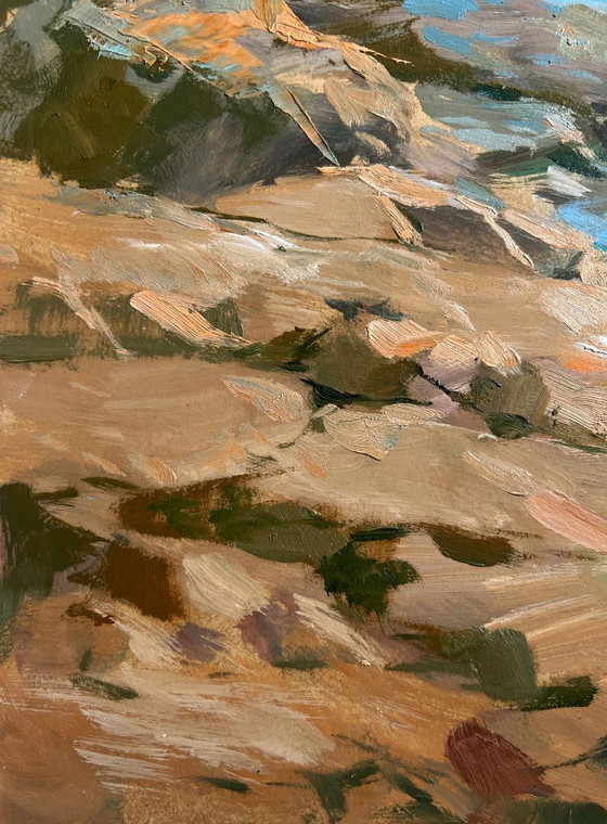 Image 1 of Pintura al óleo original: Paisaje costero marino con un velero en el horizonte.