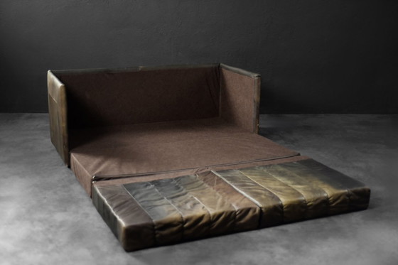 Image 1 of Vintage Mid-Century Modern German Brutalist 2-Seater Brown Leather Bed Sofa, 1970s