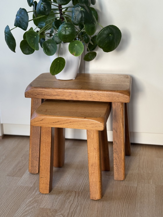 Image 1 of Vintage Brutalist Solid Oak Nesting Side Tables 70s