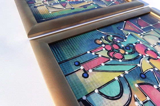 Image 1 of Kubisme A1438 - abstracte schilderijen - tweeluik