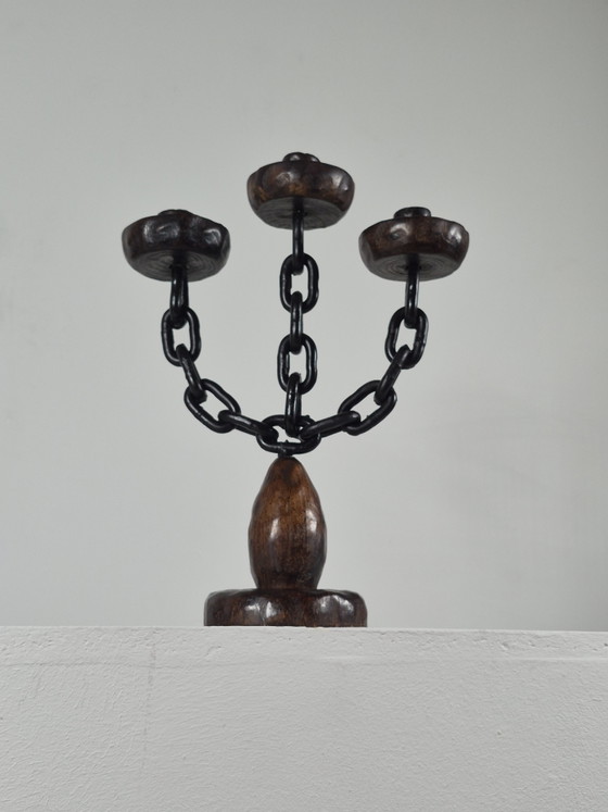 Candeliere vintage in stile brutalista spagnolo a tre fiamme con decorazione a catena. – Portacandele, Metal (photo 12 of 13)