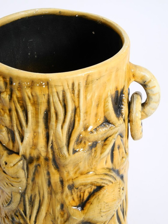 Image 1 of Beautiful large handmade glazed ceramic floor vase, handled vase with maritime fish and starfish motifs | Mid Century Modern