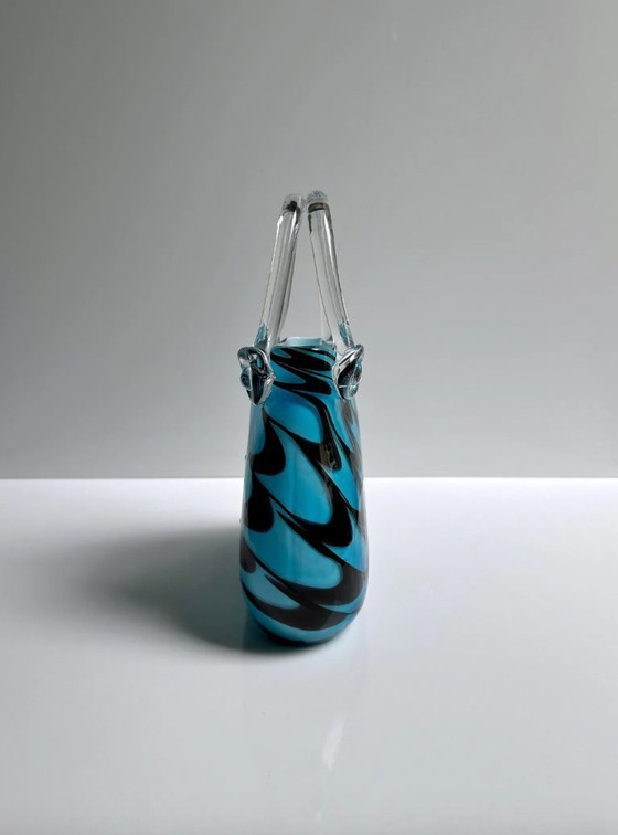 Image 1 of Vintage XXL Murano Glas Tasche Vase Swirl 80er 90er Venedig Italien Blau Türkis Schwarz Hand Münzbeutel Geldbörse Purse Opalina 