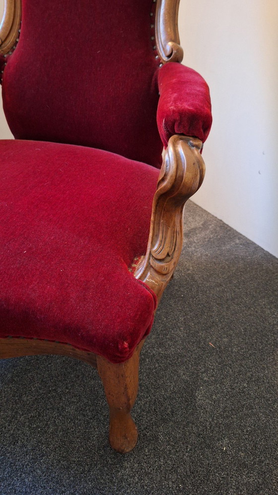 Image 1 of Antiek Biedemeier Fauteuil Bordeaux-Rood